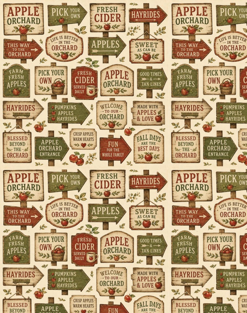 Peut inclure: Un motif r&eacute;p&eacute;titif de divers panneaux en bois sur fond clair, pr&eacute;sentant des textes tels que Apple Orchard, Fresh Cider, Hayrides et Pick Your Own, d&eacute;cor&eacute;s d'illustrations de pommes rouges, de feuilles vertes et de petits paniers.