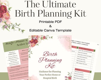 Può includere: Il kit definitivo per la pianificazione del parto, un PDF stampabile e un modello Canva modificabile. Il set di documenti presenta illustrazioni floreali, testo sulle fasi del travaglio e una lista per le borse ospedaliere, inclusi fotocamera e snack.