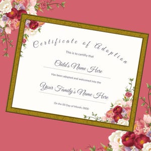 Certificado de adopción / Plantilla editable de Canva / Certificado de adopción