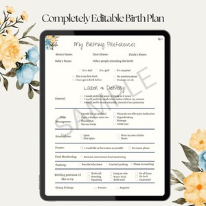 Eenvoudige bewerkbare sjabloon geboorteplan | Canvas | Afdrukbare pdf | Thuisbevalling | Ziekenhuisbevalling