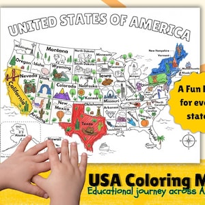 May include: A white paper coloring map of the United States of America with black outlines, state names, and small illustrations for each state. California is colored yellow and Texas is colored red. A yellow starburst says A Fun Fact for every state!
