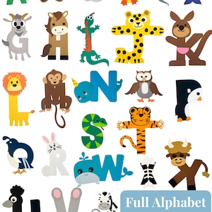 May include: A collection of colorful animal-themed alphabet letters, each designed with a unique animal shape. The letters are in various colors, including green, yellow, brown, and blue. The image includes the text "Full Alphabet Craft Bundle A-Z".