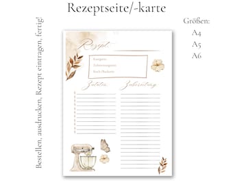 Sjabloon voor receptenkaarten om af te drukken | Digitale receptenverzameling | Direct te downloaden | A4/A5/A6 | Esthetisch receptensjabloon