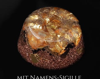 AAA Citrin Orgonit aus Apfelholz, Citrin & Blattgold – handgefertigtes Unikat mit eingebrannter Namens-Sigille - Wilhelm Reich Orgon