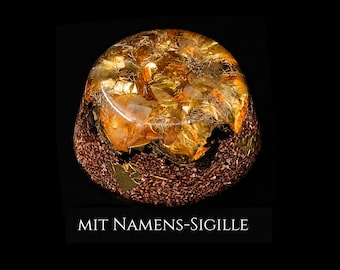 AAA Citrin Orgonit aus Apfelholz, Citrin & Blattgold – handgefertigtes Unikat mit eingebrannter Namens-Sigille - Wilhelm Reich Orgon