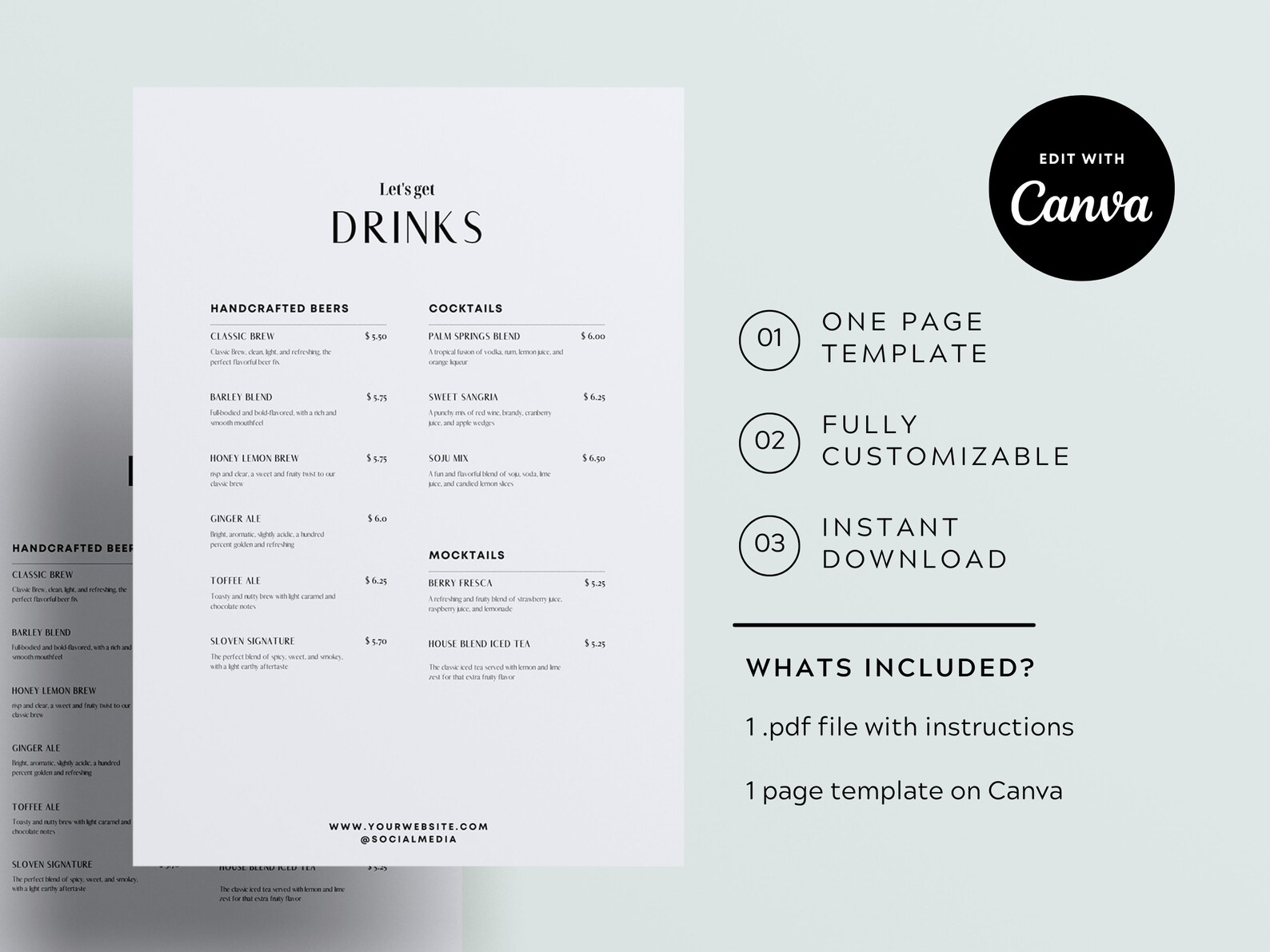 Bar Menu Template Modern Editable Drink Menu Template Etsy