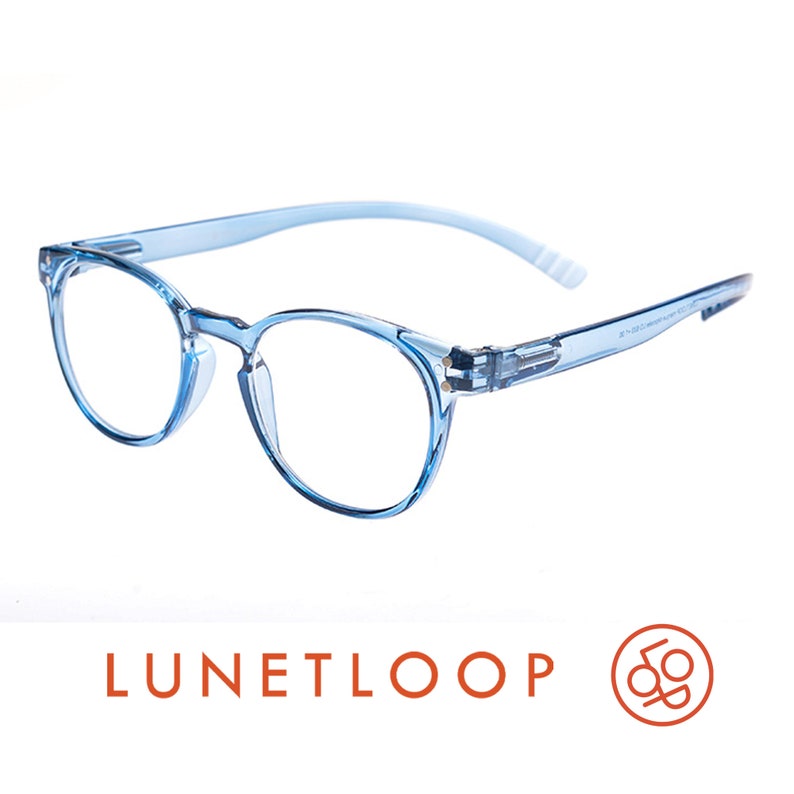 May include: Light blue translucent eyeglasses with a rounded frame shape and clear lenses. The temples feature a flexible design with visible hinges. Below the glasses, the text LUNETLOOP is printed in orange next to a circular orange logo.