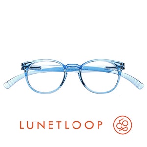 May include: Transparent light blue eyeglasses with a rounded frame shape and thin temples. The text LUNETLOOP is printed in orange below the glasses, accompanied by a circular orange logo featuring a stylized loop design and the letters L and O.