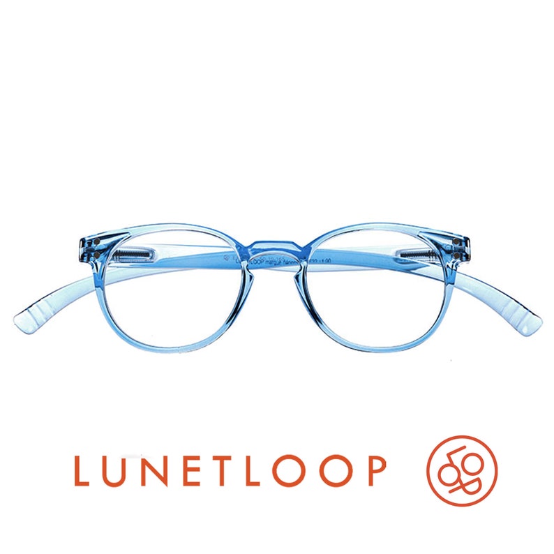 May include: Transparent light blue eyeglasses with a rounded frame shape and thin temples. The text LUNETLOOP is printed in orange below the glasses, accompanied by a circular orange logo featuring a stylized loop design and the letters L and O.