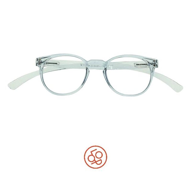 May include: Clear, transparent round-frame glasses with a bridge and thin temples. The frames are made of a translucent material, showcasing a simple, functional design. Below the glasses is a circular logo featuring the letters L, O, and P in red.