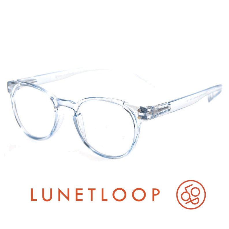 May include: Clear, transparent plastic-framed eyeglasses with a rounded shape. The frames feature a visible hinge mechanism at the temples. Below the glasses, the text LUNETLOOP is printed in orange, accompanied by a circular orange logo icon.