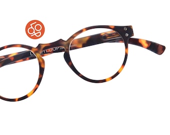 Tortoise universal reading glasses with long temples system. Blue universal reading glasses with long temples system