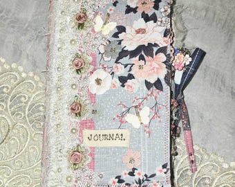 Diario riciclato in pizzo floreale blu / Diario spesso con 3 firme / Pagine cucite / 9x6 / Dorso 2"