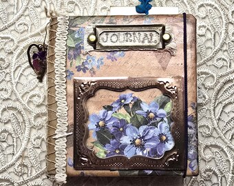 Mini Blue Floral Junk Journal | Lace + Fabric Cover | 122 Pages | Pockets & Ephemera | Elastic Closure