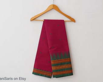 Classic dark pink & green temple border pure cotton handloom saree