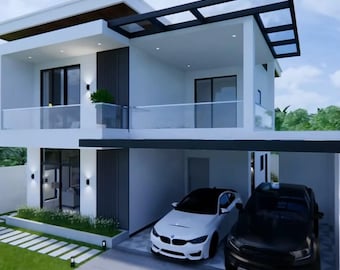 Può includere: Casa moderna a due piani con facciata bianca, balconi in vetro e tetto piano. La casa ha un posto auto coperto con due auto parcheggiate. Il paesaggio comprende un prato verde e alberi.