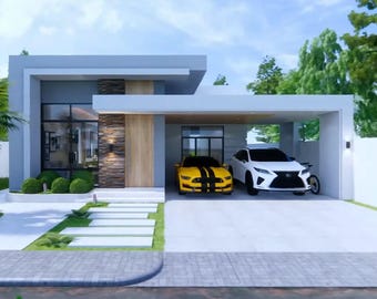 May include: Modern two-story house with a light gray exterior, a carport, and a paved driveway. A yellow sports car and a white SUV are parked in the carport. Landscaping includes palm trees, bushes, and a walkway leading to the front door.