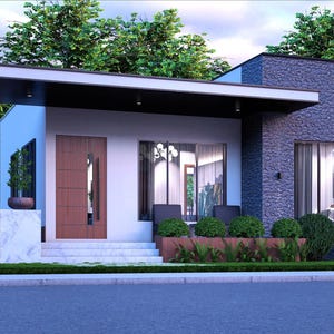 Puede incluir: Casa moderna de una sola planta con techo plano y una combinación de exterior blanco, marrón y gris texturizado. Cuenta con una puerta de entrada de madera, ventanas grandes y jardinería cuidada. La casa está rodeada de exuberantes árboles verdes.