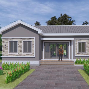 May include: A modern, single-story house with a gray exterior, white trim, and a gray roof. The house has large windows, a front door, and a paved walkway leading to the entrance. Landscaping includes green grass, flowers, and palm trees.