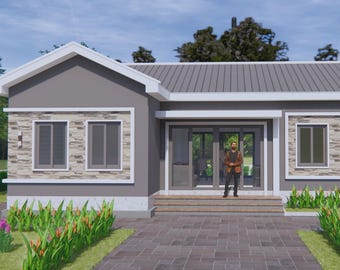 Op de afbeelding: Een moderne, gelijkvloerse woning met een grijze buitenkant, witte afwerking en een grijs dak. Het huis heeft grote ramen, een voordeur en een geplaveide oprit naar de ingang. De landschapsarchitectuur omvat groen gras, bloemen en palmbomen.