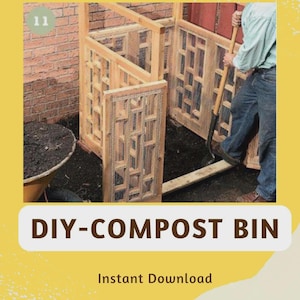 Pode incluir: Um recipiente de compostagem DIY de madeira com um design de treliça decorativa. O recipiente está parcialmente aberto, revelando o interior. O texto "DIY-COMPOST BIN" é exibido em um fundo amarelo.