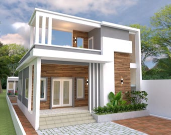 Op de afbeelding: Een modern huis met twee verdiepingen met een witte en grijze buitenkant, houten panelen en een kleine tuin. Het huis heeft een balkon en grote ramen, met een bakstenen en stenen pad dat naar de voordeur leidt.