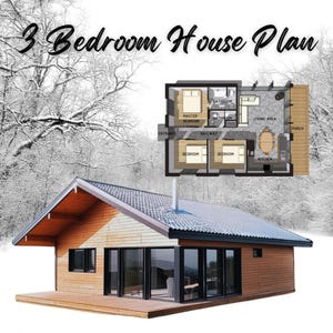 May include: A house plan with the text "3 Bedroom House Plan" in a cursive font. The image shows a model of a house with a detailed floor plan. The house model has a wooden exterior and large windows. The floor plan shows the layout of the bedrooms, bathrooms, living area, and kitchen.