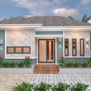 May include: A modern bungalow with a grey roof and a light blue and grey facade. The house has rectangular windows, a glass door, and is surrounded by greenery, including palm trees and red flowers. The driveway is paved with a brick pattern.