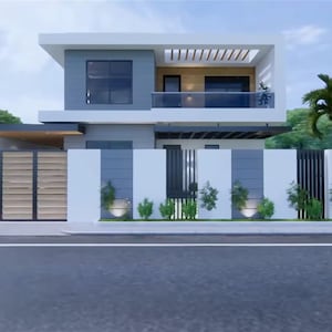 Puede incluir: Una casa moderna de dos pisos con techo plano y balcón. El exterior presenta una combinación de elementos blancos, grises y de madera. Se ve una entrada con puerta y un jardín ajardinado.