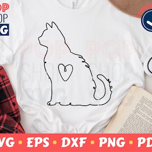 猫の愛のハート座輪郭ストロークSVG / カットファイル / ハートとテキストロゴテンプレート付き / デジタルベクターファイル / クリカット / シルエット / レーザーカット /