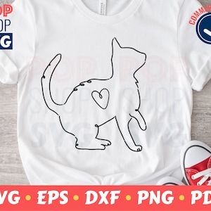 Cat Love Heart Sitting Contour Stroke SVG / Cut File / con corazón y texto Plantilla de logotipo / Archivo vectorial digital / Cricut / Silueta / Corte láser /