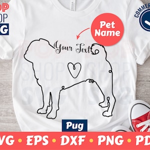 Pug Nombre personalizado SVG / Raza de perro Archivo de corte / con corazón y texto Plantilla / Archivo vectorial digital / Cricut / Silueta / Corte láser / Descargar / Amor de perro