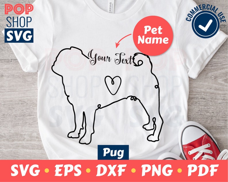 Pug Custom Name SVG/ Dog Breed Cut File/ With Heart and Text Template ...