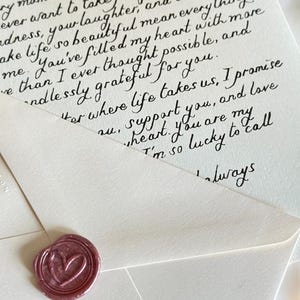 Carta manuscrita de lujo en papel crema tamaño A5 para cartas más cortas + sello de cera, regalos de aniversario, regalos de boda, regalo de novia. Opción de caja de regalo