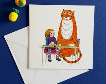 Carte de voeux manuscrite « Tiger Came for Tea » - carte de lecture - encadrement - oeuvre d'art pour chambre d'enfant