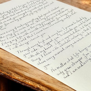 May include: A handwritten letter on white paper with black ink. The letter expresses gratitude and love, with phrases like "my greatest joy" and "I will always cherish you".
