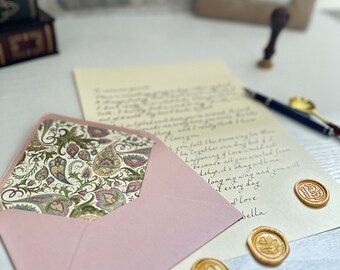 Handwritten Letters with Lined Envelope Pastel Paisley Pattern, Wax Seal Love Letter, Handwritten Poem, Anniversary Letter