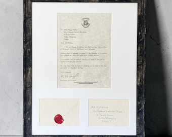 Framed Handwritten Personalised Wizard Acceptance Letter, List and Train Ticket.