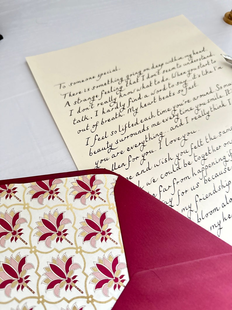 Lettre manuscrite rose, motif Piccolo Palmo, lettre avec cachet de cire, lettres manuscrites, cadeau pour mari, femme, cadeau pour maman image 1