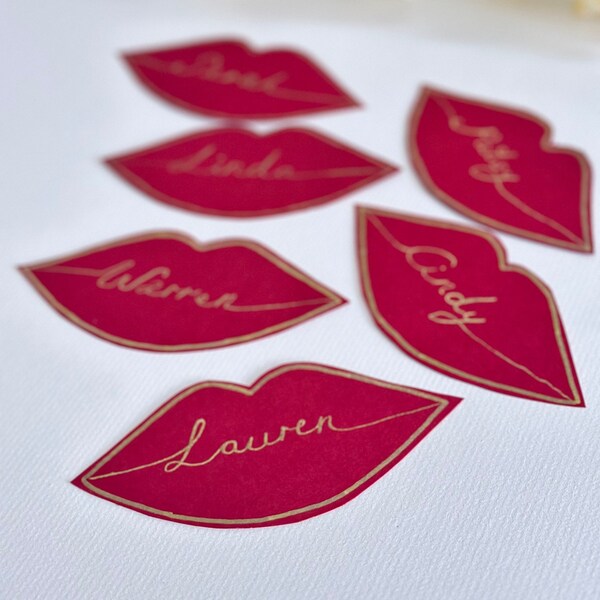 Handwritten Unusual Place Cards with Red Sumptuous Lips, Personalised Place Cards for Weddings, Functions, Hen Party or Romantic Night In