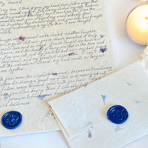 Carta de flor manuscrita com selo de cera, carta de casamento, aniversário, carta, presente personalizado, papel e envelope feitos à mão, feito à mão