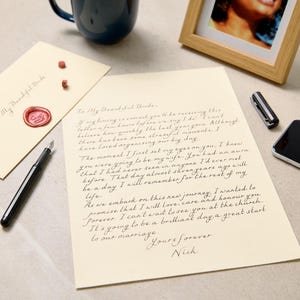 Cartas manuscritas de lujo con sello de cera roja. Regalos de recuerdo, regalos de aniversario, cartas de cumpleaños. Carta de boda para novios