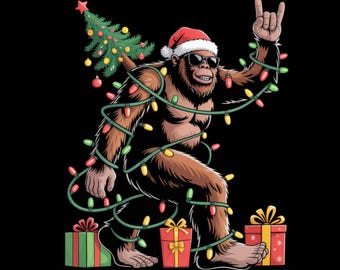 PNG de Pie Grande de Papá Noel: Divertido árbol de Navidad con luces navideñas, descarga digital