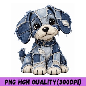 Könnte beinhalten: Eine Welpenfigur aus verschiedenen blauen Jeansstoff-Flicken mit ausgefransten Kanten. Der Welpe hat große dunkle Augen, eine schwarze Nase und ein passendes Jeanshalsband mit Schnalle. Die Pfoten und die Schnauze sind in Cremefarbe gehalten.