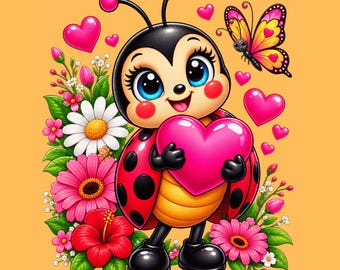 Puede incluir: Una mariquita de dibujos animados con grandes ojos azules y puntos negros en alas rojas, sosteniendo un gran corazón rosa. La mariquita está rodeada de flores coloridas que incluyen margaritas blancas, gerberas rosas e hibiscos rojos, con una mariposa.