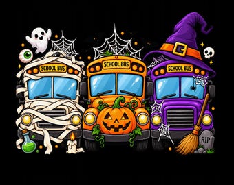 May include: A graphic illustration featuring three school buses with Halloween themes. The left bus is wrapped in mummy bandages, the centre bus features a large jack-o'-lantern, and the right bus wears a purple witch hat with a broom and tombstone.