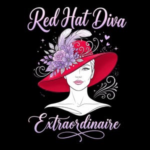 Puede incluir: Una ilustración gráfica sobre un fondo negro que muestra a una persona con un sombrero rojo de ala ancha adornado con flores moradas, hojas plateadas y plumas. El texto Red Hat Diva Extraordinaire está escrito en una fuente cursiva morada.