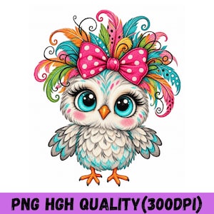 May include: A digital illustration of a small owl with large blue eyes, long eyelashes, and an orange beak. The owl wears a bright pink bow with white polka dots and a colorful headdress of feathers in shades of pink, teal, and orange.