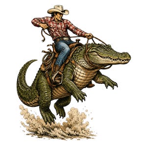 Puede incluir: Una ilustración gráfica de un vaquero con sombrero blanco, camisa de cuadros rojos y vaqueros azules, montando un gran caimán verde. El caimán salta hacia adelante, levantando polvo del suelo y está equipado con una silla de montar de cuero.