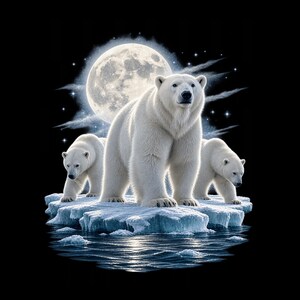 Puede incluir: Una ilustración gráfica de tres osos polares blancos de pie sobre un témpano de hielo flotante sobre un fondo negro. Una luna llena grande y brillante rodeada de estrellas centelleantes y nubes tenues se sitúa tras los osos.